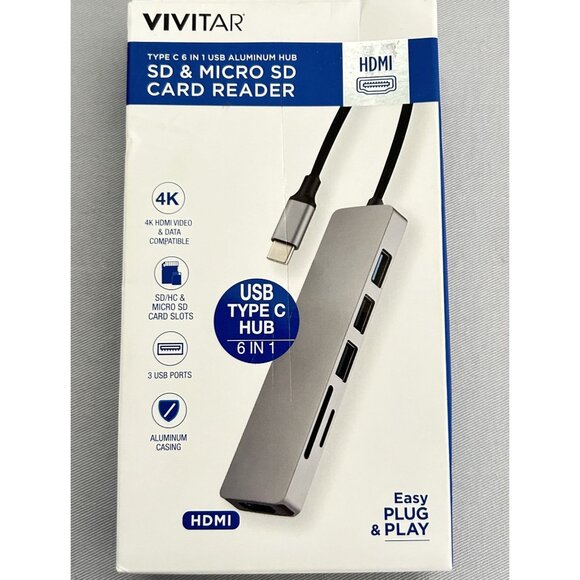 NEW Vivitar Aluminum USB Type C Hub 6 In 1 SD & Micro SD Card Reader Plug & Play - Picture 9 of 9